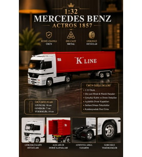 Mercedes Benz Actros Metal Oyuncak Tır 1:32 Ölçek Die-cast Kırmızı Konteyner 50 cm