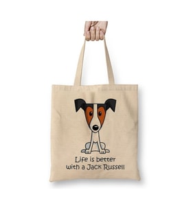 Jack Russell Dogs Köpek Life is Better Beyaz Bez Çanta Uzun Saplı Alışveriş Çantası Plaj Çantası