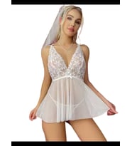 Fantezia Night Tegan Fantezi Beyaz Dantelli Transparan Tül Etekli Elbise Gecelik TG273266