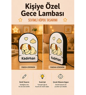 Kişiye Özel İsimli Kalpli Uyuyan Köpek Gece Lambası Sıcak Işıklı Çocuk ve Bebek Odası Dekoru