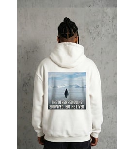 Erkek Survivor Penguin Baskılı 3 İplik Pamuklu Kapüşonlu Sweatshirt Hoodie Beyaz