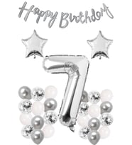 Konsept Doğum Günü Kutlama Seti Beyaz Gümüş Konfetili Balon Rakam Yıldız Folyo Ve Banner