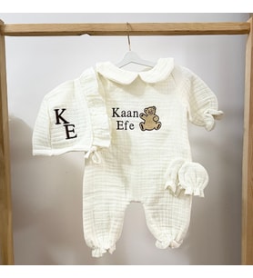 Liora Baby Nakışlı 3 Parça İsme Özel Bebe Yaka Hastane Çıkış Seti %100 Müslin Pamuk Yenidoğan Hastane Çıkış Seti