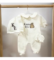 Liora Baby Nakışlı 3 Parça İsme Özel Bebe Yaka Hastane Çıkış Seti %100 Müslin Pamuk Yenidoğan Hastane Çıkış Seti