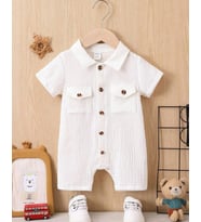 Unisex Bebek&Çocuk %100 Pamuklu Tahta Düğmeli Cepli Müslin Tulum-Beyaz