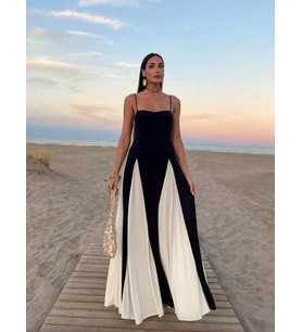 Kadın Eteği Parçalı Sıfır Kol Maxi Elbise (Siyah - Beyaz)