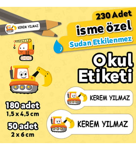 İş Makinaları Temalı Kişiye Özel İsimli Defter Kalem Okul Etiketi, Yırtılmaz PVC Etiket (Beyaz)