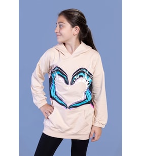 Toontoy Kız Çocuk Kapüşonlu Kanguru Cepli Baskılı Sweatshirt (Pudra)