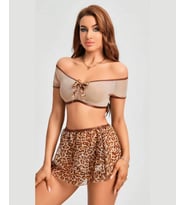 Lily Bianca Bej/Kahve Leopar Desen Mini Etekli Büstiyer String Fantezi Takım -163