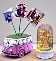 Kişiye Özel Hediye Seti Led Işıklı Fanus ve 3 Fotoğraflı Pembe Vosvos Saksı (Model 7)