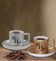 BK Gift Kişiye Özel İsimli Baş Harfli Mat Gümüş Yaldız ve Mat Altın Yaldız Renkli İkili Türk Kahvesi Fincan Seti-1, Ev Hediyesi, Arkadaşa Hediye, Doğum Günü Hediyesi