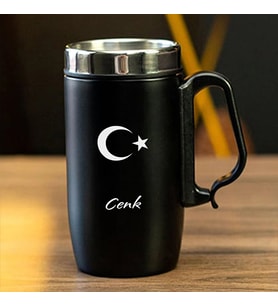 240 ML Kulplu Paslanmaz Çelik Ay Yıldız Baskılı Termos Bardak - Isı Yalıtımlı Kahve Kupası (Siyah)