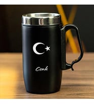 240 ML Kulplu Paslanmaz Çelik Ay Yıldız Baskılı Termos Bardak - Isı Yalıtımlı Kahve Kupası (Siyah)