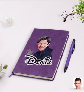 BK Gift Kişiye Özel Erkek Karikatürlü Mor Termo Deri Defter Kalem Seti Model 63