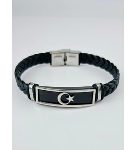 Siyah Deri / Çelik Erkek Deri Bileklik 20 Cm - Ebl0125