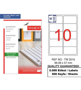 Tanex Lazer Etiket tw-2010 500 A4 Sayfa Laser Etiket 99,06 x 57 mm Boyutunda 1 A4 Sayfada 10 Etiket.