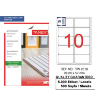 Tanex Lazer Etiket tw-2010 500 A4 Sayfa Laser Etiket 99,06 x 57 mm Boyutunda 1 A4 Sayfada 10 Etiket.