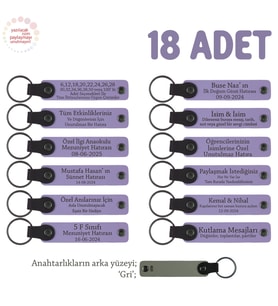 Anaokulu İçin İsim Yazılı Karne Hatırası Anahtarlık 18’li Set, Öğrencilere Özel, Mor Menekşe & Gri (Lila - Mor)