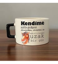 Kendime Pozitif Bir Gün Diliyorum Baskılı Siyah Kulplu C Fincan
