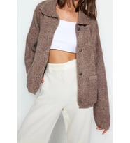 Kadın Modern Tarz Oversize Polo Yaka Regular Triko Hırka (Vizon)