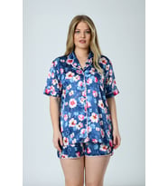 Lüks Kutulu Saten Gömlek Şortlu Pijama Takımı – Dantel Kollu, Kore İpeği Dokulu (İndigo Mavi)