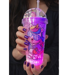 Unicorn Temalı Led Işıklı Suluk Buzlu Cam Görünümlü 450 ML Çift Katman Mika Su Şişesi 2646 Mor