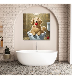 Tekli Kare Kanvas Banyo Tablosu Topla Oynayan Golden Köpek