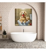 Tekli Kare Kanvas Banyo Tablosu Topla Oynayan Golden Köpek