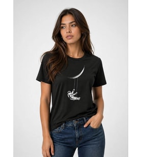 Kadın Astronot Ay Temalı Tişört Kısa Kol Yazlık Bisiklet Yaka T-Shirt - Siyah