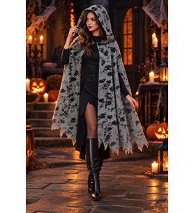 Halloween Gri Kapüşonlu Yırtık Görünümlü Astarlı Pelerin 130 cm Cadılar Bayramı Parti Kostümü