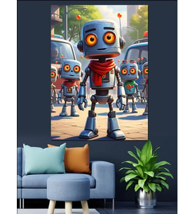 Küçük Robotlar Şehir Yolunda Dekoratif Kanvas - Mdf Ahşap Tablo