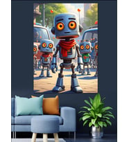 Küçük Robotlar Şehir Yolunda Dekoratif Kanvas - Mdf Ahşap Tablo