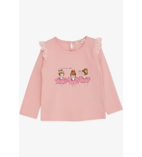Breeze Kız Bebek Uzun Kollu Tişört Danscı Kız Baskılı Güpürlü 9 Ay-3 Yaş, Pudra