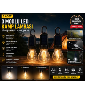3 ADET Güneş Enerjili USB Şarjlı 3 Modlu LED Asma Kancalı Taşınabilir Kamp Feneri Aydınlatma Lambası