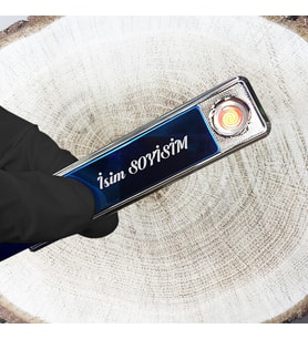 MOBGİFT Kişiye Özel  Elektronik/Tungsten  Çakmak Aşağı Kaydırmalı USB Şarjlı (MAVİ-GÜMÜŞ)