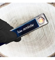MOBGİFT Kişiye Özel  Elektronik/Tungsten  Çakmak Aşağı Kaydırmalı USB Şarjlı (MAVİ-GÜMÜŞ)