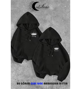 Sevgili Çift Kombin King And Queen Baskılı Özel Tasarım Kapüşonlu Sweatshirt 2li Set Takım (Siyah)