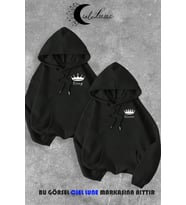 Sevgili Çift Kombin King And Queen Baskılı Özel Tasarım Kapüşonlu Sweatshirt 2li Set Takım (Siyah)
