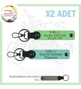 Biker Stiline Özel, İsim Plaka ve B Rh (-) Kan Grubu Yazılı Deri x2 Anahtarlık, Turkuaz-F Yeşil-Gr (Çok Renkli)