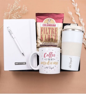 Kişiye Özel 500 ML Çelik Termos & Defter & Beyaz Touch Pen & Motto Kupa & Mehmet Efendi Colombian Filtre Kahve (Beyaz)