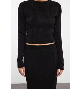 Tarz Kadın Modern Moda Normal Bel Geniş Paça Bisiklet Yaka Crop Triko Alt-Üst Takım (Kırmızı)