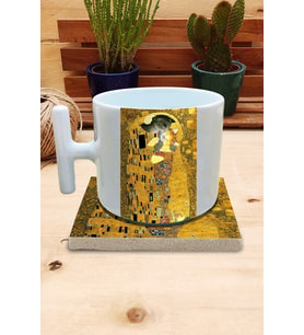 Kediler ve Sanat/Gustav Klimt The Kiss Set 9 - T Fincan Kupa-Taş Bardak Altlığı 1