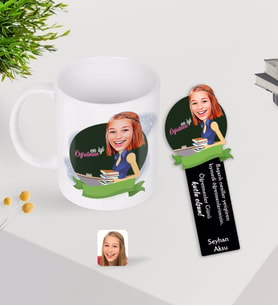 BK Gift Kişiye Özel Kadın En İyi Öğretmen Karikatürlü Kupa Bardak ve Ahşap Kitap Ayracı-2