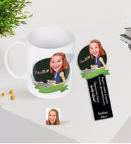BK Gift Kişiye Özel Kadın En İyi Öğretmen Karikatürlü Kupa Bardak ve Ahşap Kitap Ayracı-2