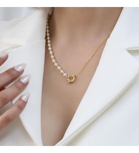 925 Ayar Gümüş Cream Tatlısu İncisi Kolye-5mm (Gold)