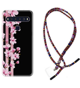 TCL 10L 10 Plus 10SE 20E 20SE 30 L7 Kılıf Boyun Asklı Rasta Silikon Pink Flowers 3 1393