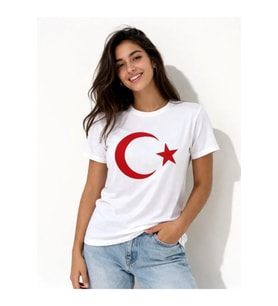 T-Shirt Kısa Kol Bisiklet Yaka Ay Yıldız Bayrak Baskılı Tişört - Beyaz