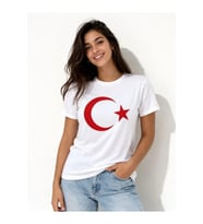 T-Shirt Kısa Kol Bisiklet Yaka Ay Yıldız Bayrak Baskılı Tişört - Beyaz