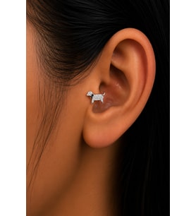 Sertifikalı 316L Çelik Taşlı Köpek Figürlü Siyah Tasma Detaylı Premium Gümüş Renk Tragus ve Helix Piercing