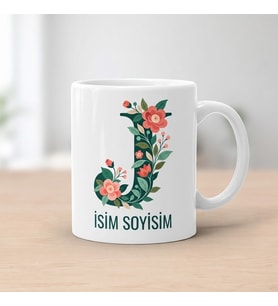 Kişiye Özel Baş Harf ve İsim Yazılı Çiçek Motiflili J Harfli Seramik Kupa Bardak